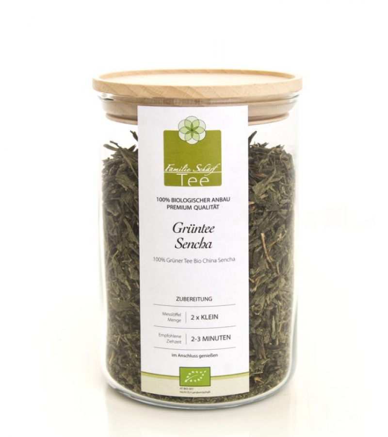 schaerf-tee-aromaglas-China Sencha Familie Schärf Bio Tee Grüntee Sencha